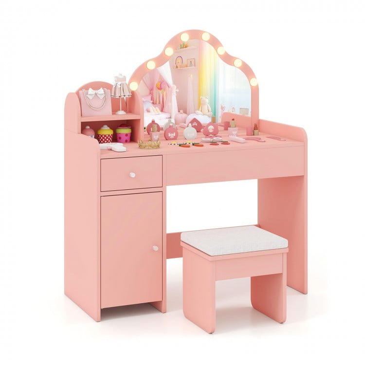 Kids vanity desk in pink with lighted mirror, adjustable colors, and matching stool for pretend play and dressing up.