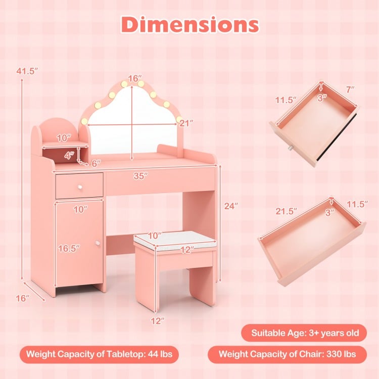 Dimension chart for Kids Vanity Desk with Mirror and Lights, showing measurements and weight capacities for tabletop.