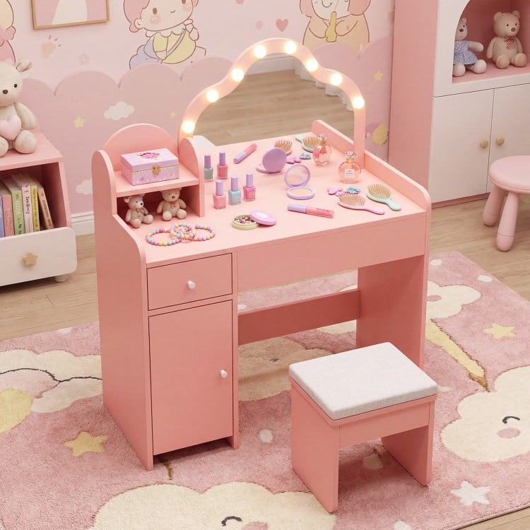 Close-up of the lighted mirror on the pink kids vanity desk, featuring adjustable colors and brightness for imaginative.