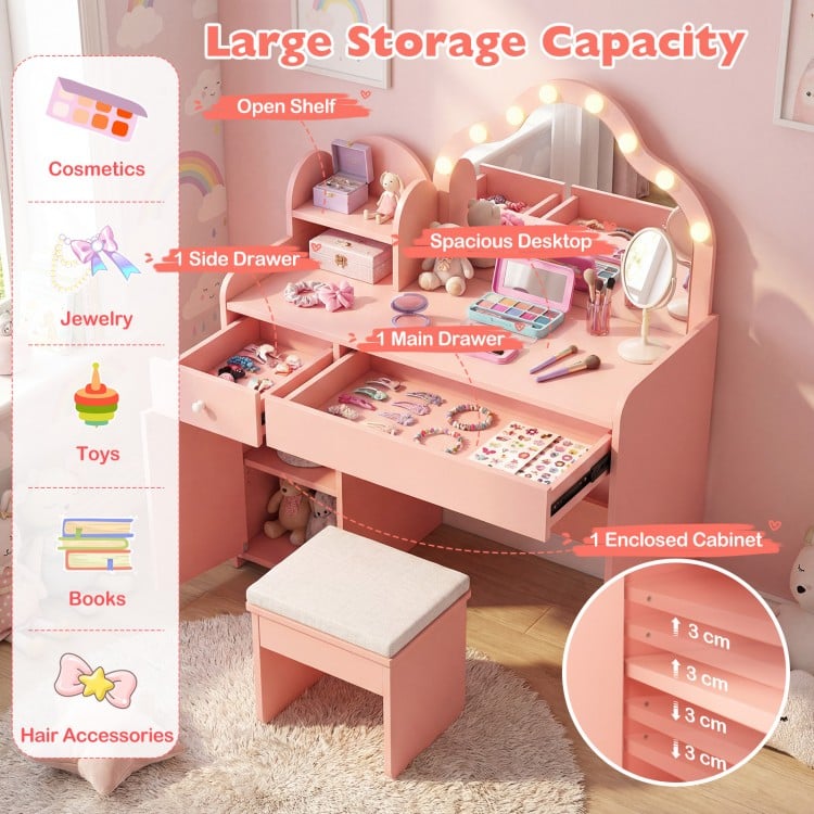 Kids vanity desk in pink with lighted mirror, adjustable shelves, and spacious storage for cosmetics and toys.