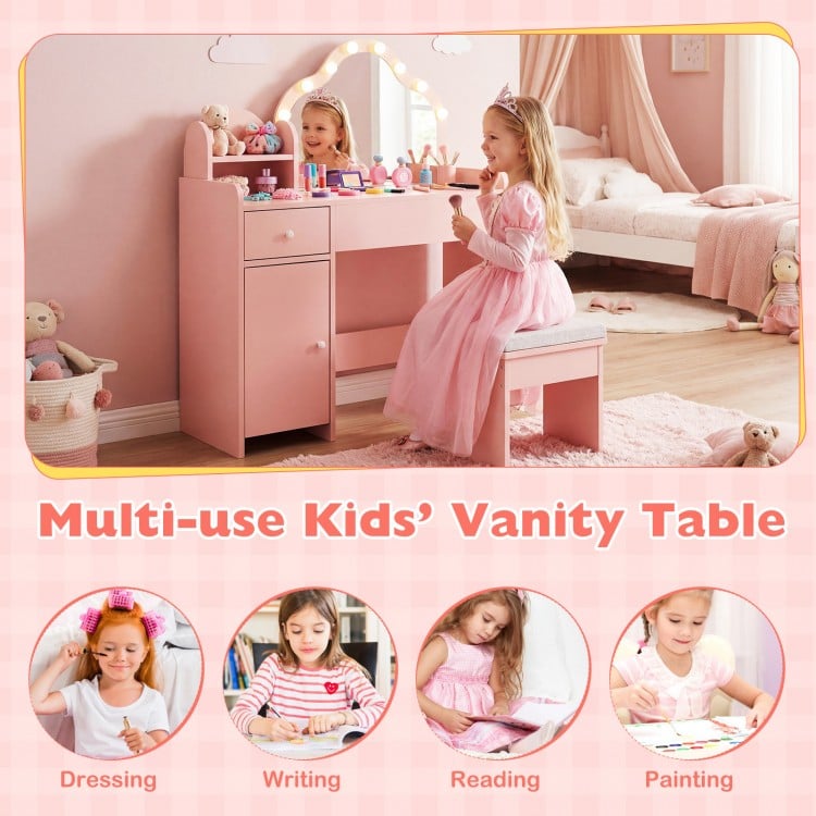 Kids vanity desk in pink with lighted mirror, adjustable shelf, and matching stool for dressing and studying activities.