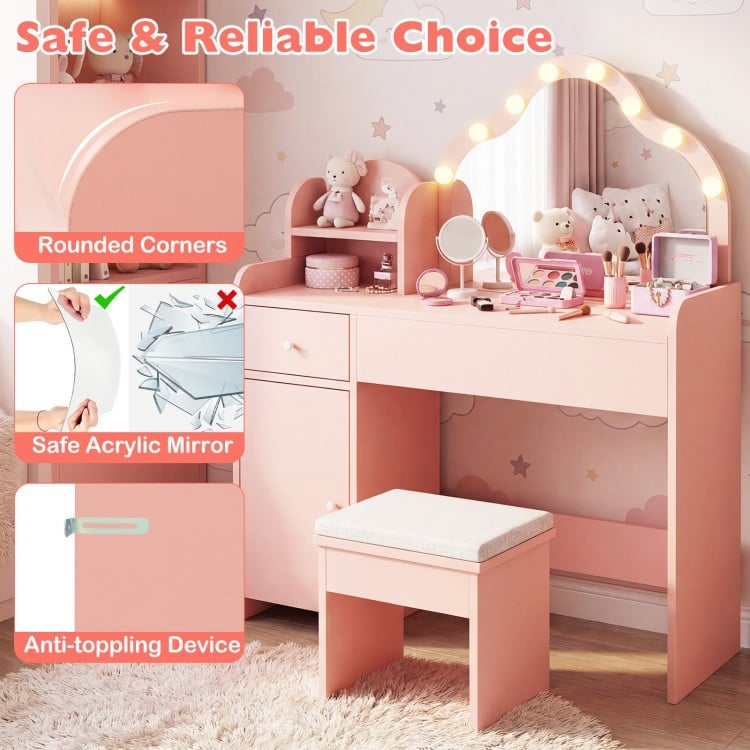 Kids vanity desk in pink with lighted mirror, adjustable brightness, drawer, and matching stool for pretend play.