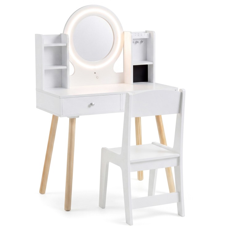 Kids vanity set in white featuring a lighted mirror, storage drawers, and solid pine wood legs for stability.