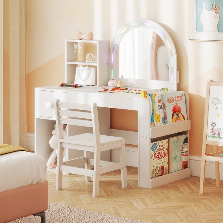 Kids vanity table and chair set with lighted mirror, storage compartments, and ergonomic design for safe play.