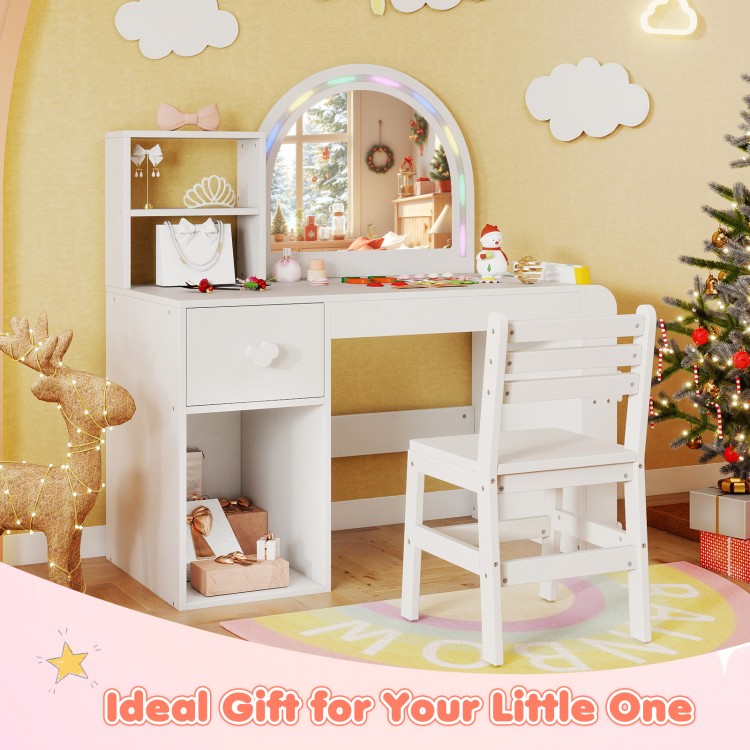 Kids vanity table and chair set with lighted mirror, open shelf, and drawer for organized playroom storage.