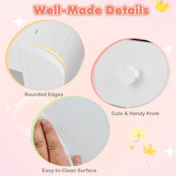 Close-up of the kids vanity table's rounded edges and easy-to-clean surface, featuring a cute knob for drawer access.