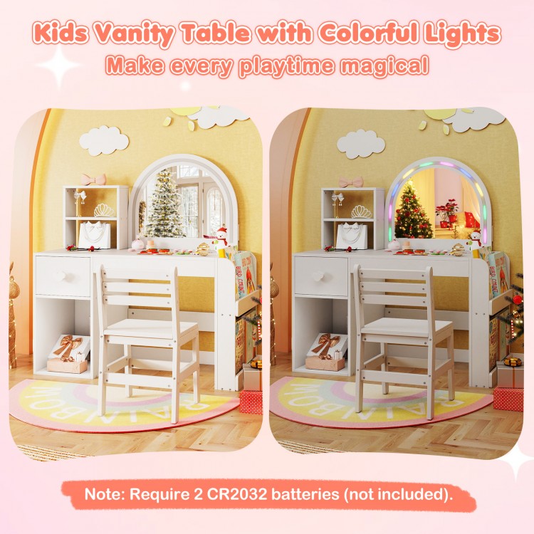 Kids vanity table set with lighted mirror, open shelf, and ergonomic chair for safe, fun playtime in white.