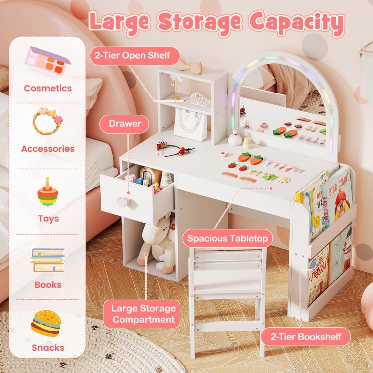 Kids vanity table set with lighted mirror, storage compartments, and ergonomic chair for ages 3+, perfect for playrooms.