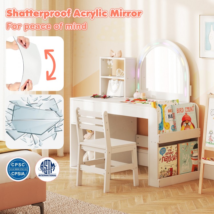 Kids vanity table and chair set with lighted shatter-proof mirror, open shelves, and ergonomic design for safe play.