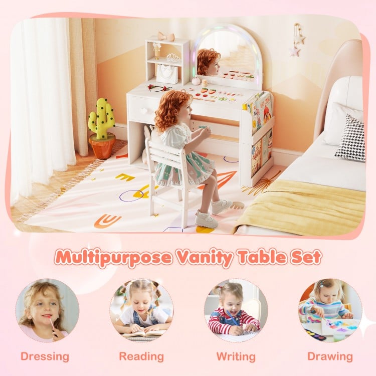Kids vanity table set with lighted mirror, storage compartments, and ergonomic chair for safe and fun playtime.