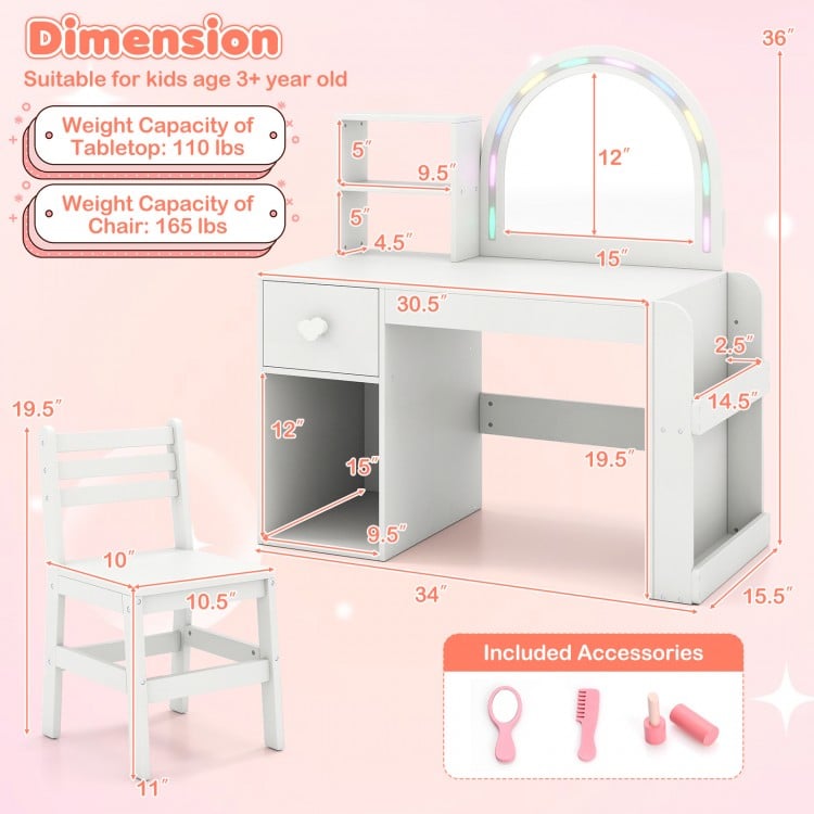 Kids vanity table and chair set in white with lighted mirror, open shelf, drawer, and ergonomic design for ages 3+.