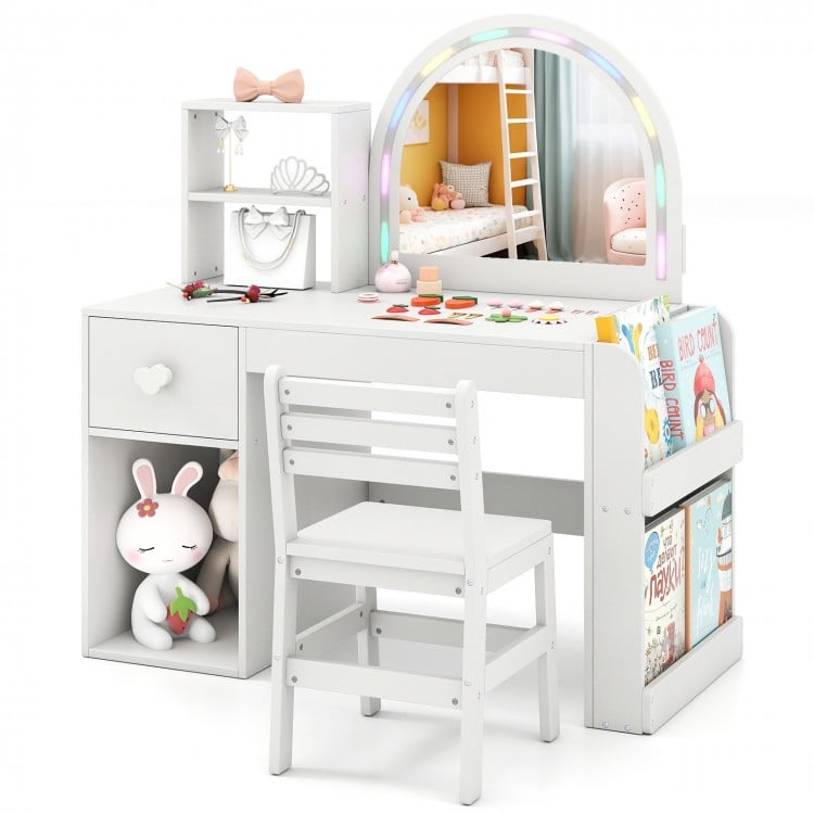 Kids vanity table and chair set in white with lighted mirror, storage compartments, and ergonomic design for ages 3+.