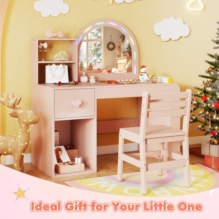 Kids vanity table and chair set in pink with lighted mirror, perfect for safe play and storage in children's rooms.