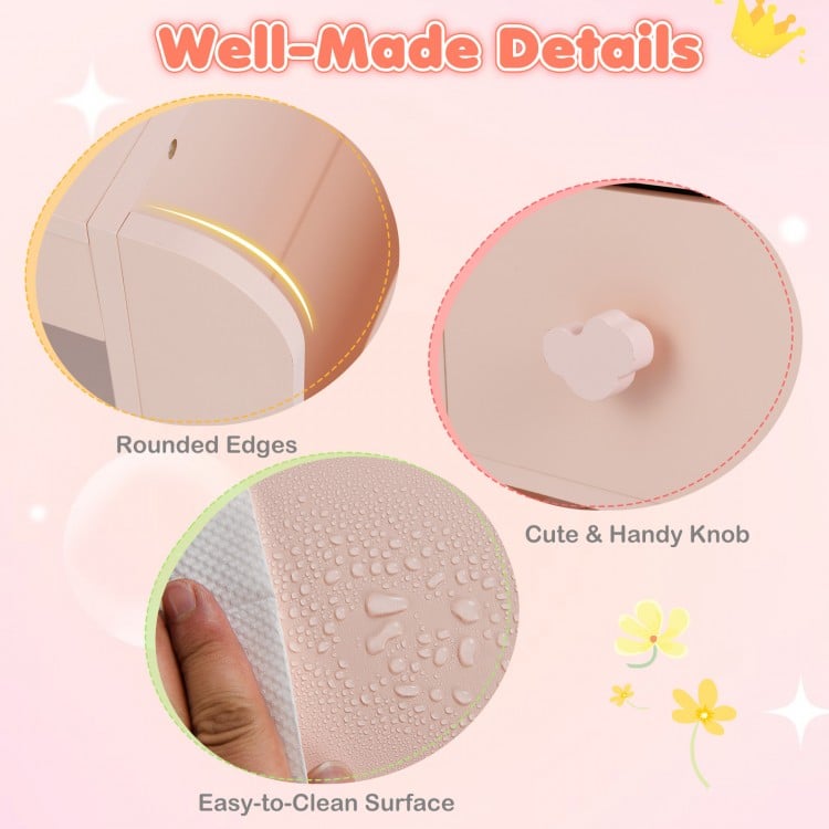 Close-up of the Kids Vanity Table's rounded edges, cute knob, and easy-to-clean surface in pink for safe play.