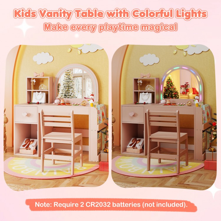 Kids vanity table and chair set in pink with lighted mirror, open storage, and ergonomic design for ages 3+.