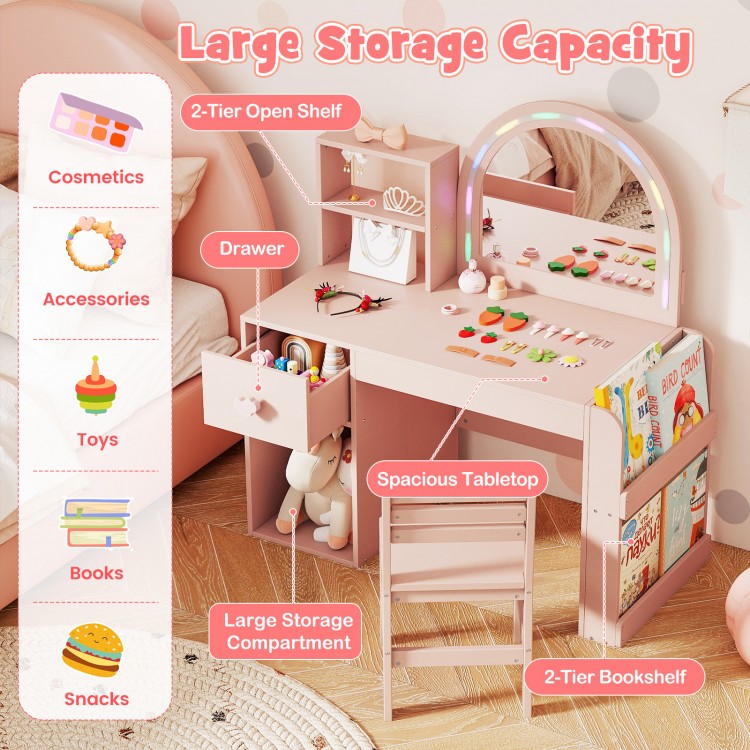 Kids vanity table set in pink with lighted mirror, large storage compartments, and ergonomic chair for ages 3+.