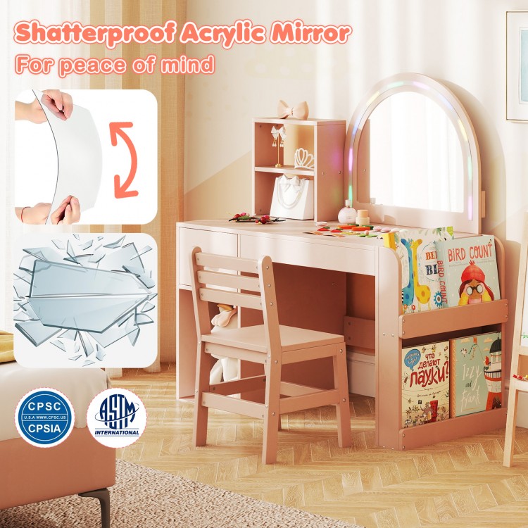 Kids vanity table set in pink with lighted shatterproof mirror, storage compartments, and ergonomic chair for safe play.