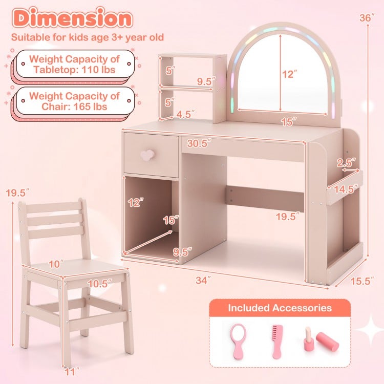 Kids vanity table set in pink with lighted mirror, storage compartments, and ergonomic chair for ages 3+.