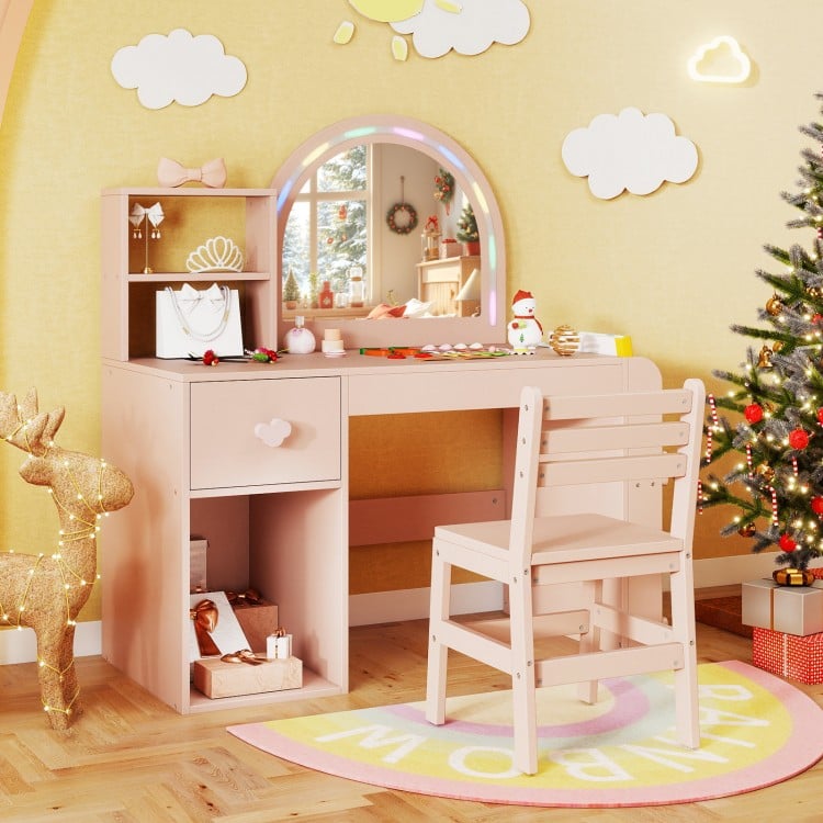 Kids vanity table set in pink with lighted mirror, storage compartments, and ergonomic chair for safe playroom use.