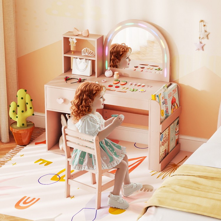 Kids vanity table and chair set in pink with lighted mirror, storage compartments, and ergonomic design for ages 3+.