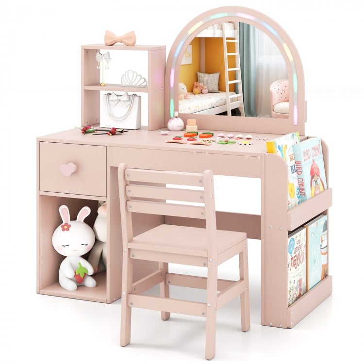 Side view of the pink kids vanity table with lighted mirror, open shelf, and storage drawer for organized playroom fun.