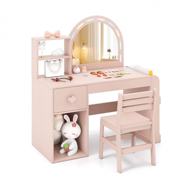 Kids vanity table set in pink with lighted mirror, drawer, and ergonomic chair for safe and fun playtime.