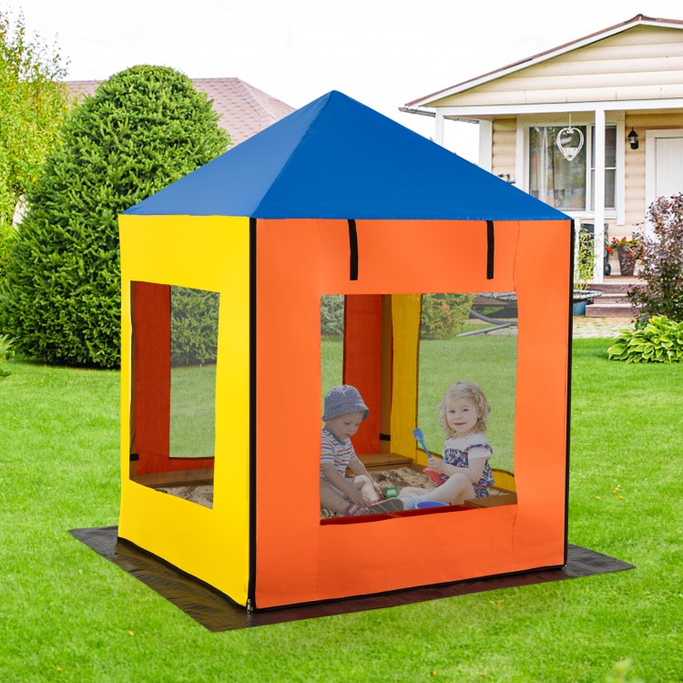 Colorful kids' sandbox with canopy, mesh windows, and benches for outdoor play in the backyard or garden.