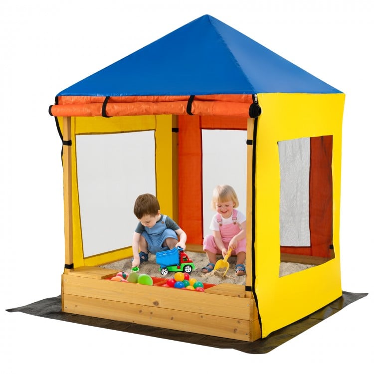 Kids wooden sandbox with multicolor canopy, mesh windows, and benches for outdoor play and creativity.