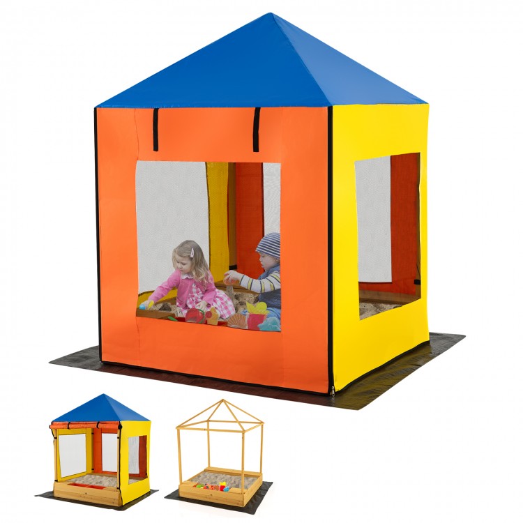 Large multicolor kids' wooden sandbox with canopy, mesh windows, and benches for outdoor play and creativity.