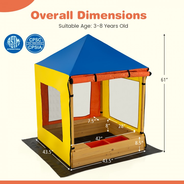 Kids wooden sandbox with multicolor canopy, mesh windows, and dimensions for outdoor play, suitable for ages 3-8.