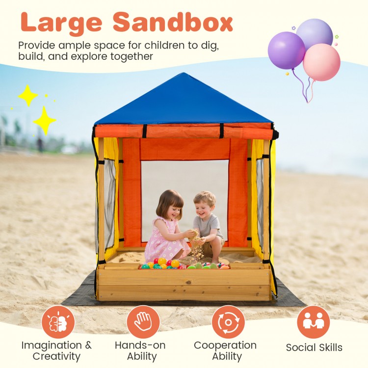 Large kids wooden sandbox with canopy and mesh windows, perfect for outdoor play and creativity in the backyard.