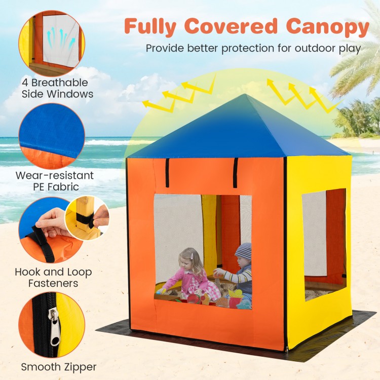 Kids wooden sandbox with a fully covered canopy, breathable windows, and vibrant multicolor design for outdoor play.