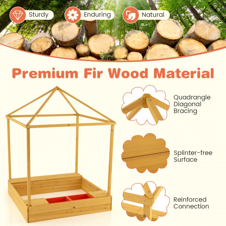 Kids wooden sandbox with canopy, made of premium fir wood, featuring splinter-free surface and ample space for outdoor.