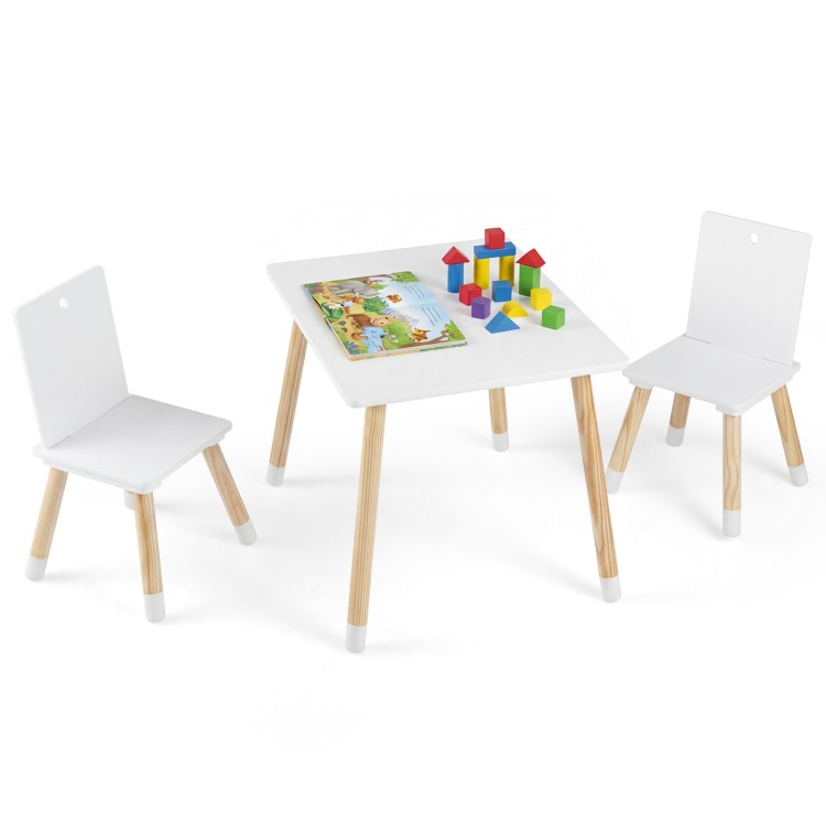 Kids wooden table and 2 chairs set in white with natural pine legs, perfect for playtime and creative activities.