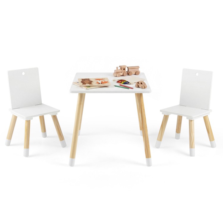 Kids wooden table and 2 chairs set in white, made of pine wood and MDF, perfect for play and creativity in children's rooms.