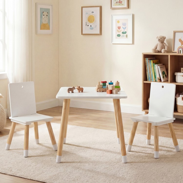 Kids wooden chair with ergonomic backrest in white, designed for comfort and safety in playrooms and nurseries.