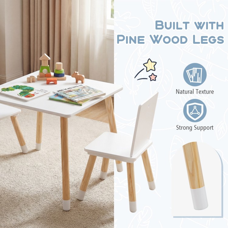 Kids wooden table and 2 chairs set with pine wood legs, ideal for play and learning in children's rooms or playrooms.