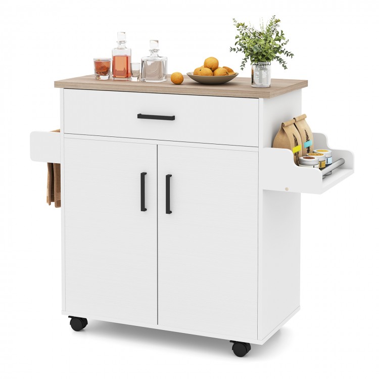 Rolling kitchen island cart in white with wooden top, drawer, and side spice rack for convenient storage and mobility.