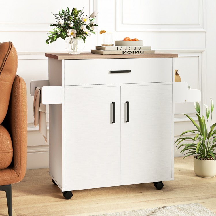 Rolling kitchen island cart in white with drawer and 2-tier cabinet, perfect for small kitchens and easy mobility.