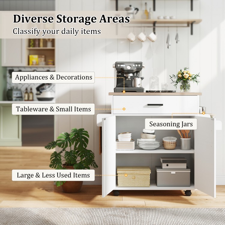 Rolling kitchen island cart in white with drawer and 2-tier cabinet for organized storage in small kitchens.
