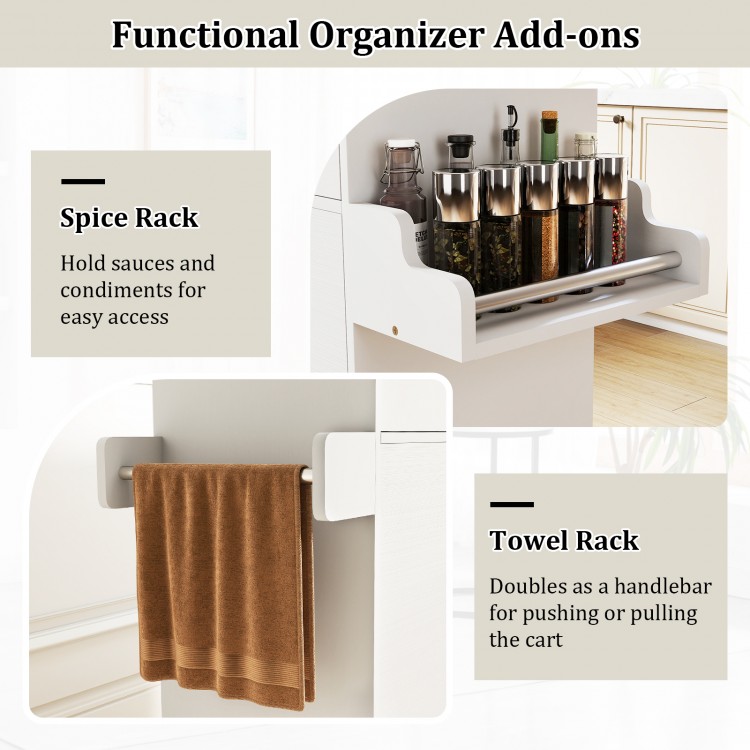 Spice rack and towel rack on a white kitchen island cart for easy access and mobility in small kitchens.