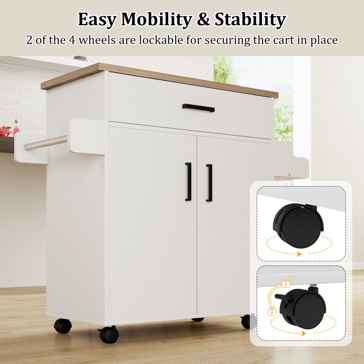 Rolling kitchen island cart in white with drawer, 2-tier cabinet, and lockable wheels for easy mobility and stability.