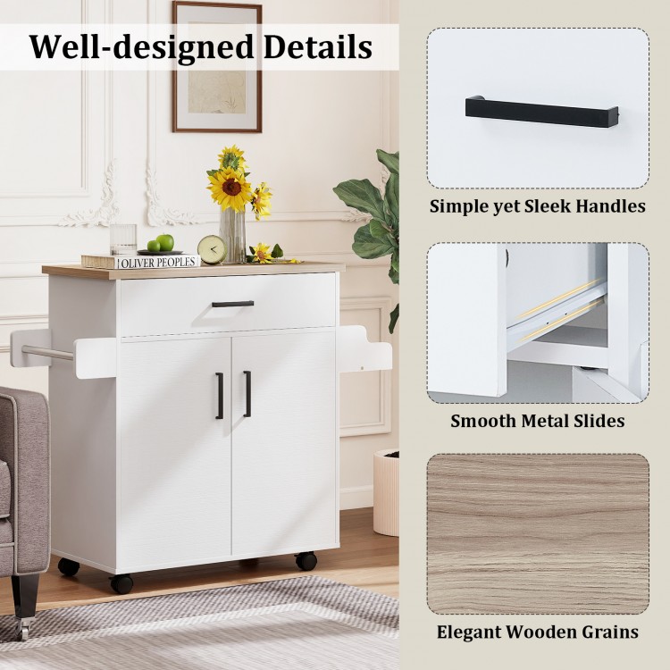 Rolling kitchen island cart in white with a wooden top, drawer, and spice rack for convenient storage and mobility.