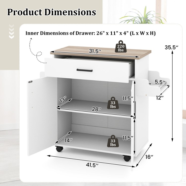 Kitchen island cart with dimensions, featuring a drawer, 2-tier cabinet, and a sturdy wooden top for kitchen storage.