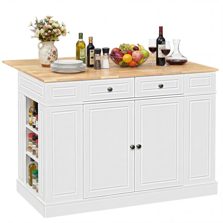 White kitchen island with storage, drop leaf design, and adjustable shelves, perfect for modern kitchens and dining.