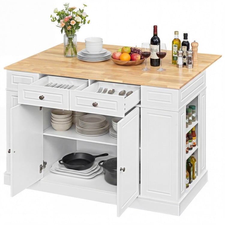 White kitchen island with storage, drop leaf design, adjustable shelves, and solid rubber wood countertop for versatile.
