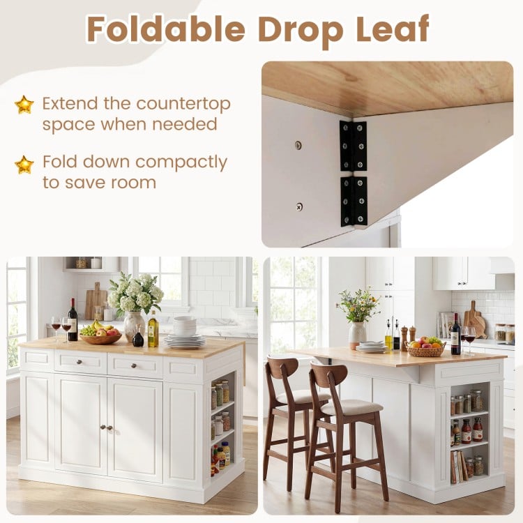 Kitchen island with drop leaf design, white finish, and adjustable shelves for versatile storage and space-saving.