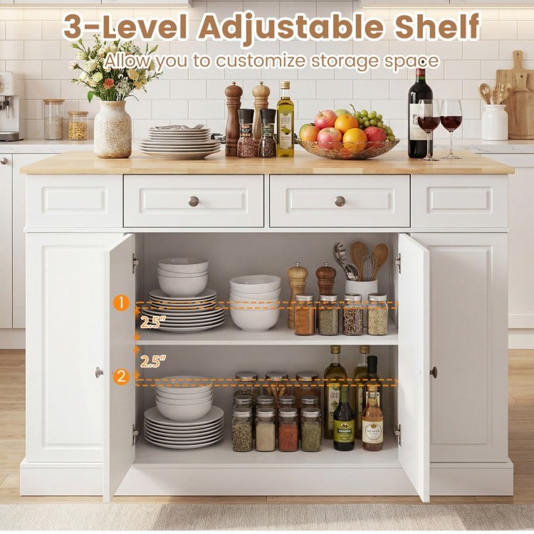 3-level adjustable shelf inside a white kitchen island with storage, perfect for organizing kitchen essentials.