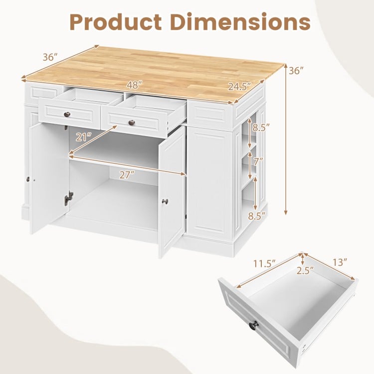 Kitchen island dimensions with adjustable shelves, white finish, and drop leaf design for versatile kitchen use.