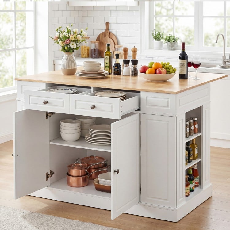 Kitchen island with storage featuring a drop leaf design, white finish, and adjustable shelves for versatile use.